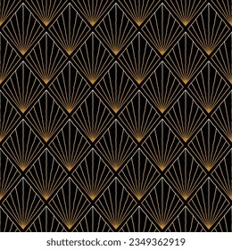 Abstract geometric seamless pattern. Diamond, rhombus tiles with dainty linear ornament of gold shining rays on black background. Luxury ar deco retro design