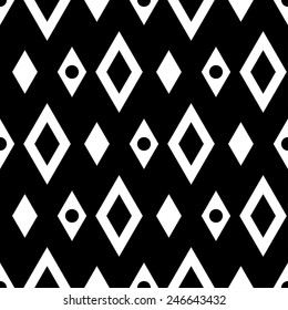 Abstract geometric seamless pattern with diamonds and circles in black and white. Modern monochrome background texture 