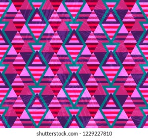 Abstract geometric seamless pattern with different shapes and grunge texture. Triangles, rhombuses, lines. Vector illustration.  