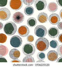 Abstract geometric seamless pattern with doodle circles and geometric shapes. Trendy hand drawn textures. Modern abstract design for paper, cover, fabric, interior decor.