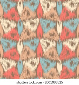 Abstract geometric seamless pattern in doodle style with colored triangular segments.
