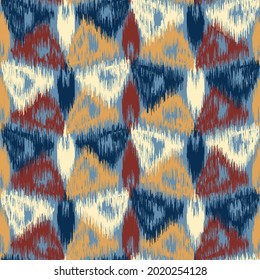 Abstract geometric seamless pattern in doodle style with colored triangular segments.
