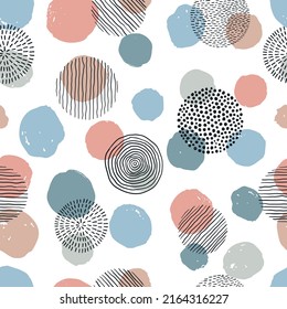Abstract geometric seamless pattern with doodle circles and geometric shapes. Trendy hand drawn textures. Modern abstract design for paper, cover, fabric, interior decor