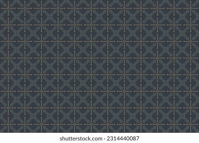 Abstract geometric seamless pattern. Dot, square and arrow element in blue and light brown composition on hazy gray background. For masculine male shirt cloth sportswear apparel textile garment cover 
