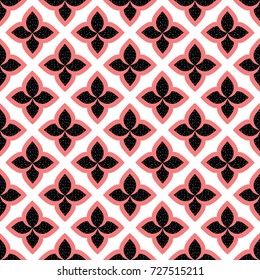 Abstract geometric seamless pattern with dotted flower symbol. Vintage design for postcard, greeting card, fashion fabric, invitation, banner, poster.