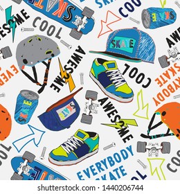 Abstract geometric seamless pattern. Drawing colorful Skate board seamless pattern vector. Skate background. Illustrations with cool slogans for t-shirt design. Flat style — Vector illustration. Urba.