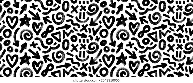 Padrão geométrico sem costura abstrato desenhado por pincel em negrito. Desenho de fundo grunge. Desbocar formas, escovar setas desenhadas, corações, estrelas e rabiscos. Figuras e objetos geométricos.