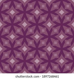 Abstract geometric seamless pattern. Elegant vector texture with curved shapes, grid, net, lattice, crosses, squares, diamonds. Wine colored background. Simple ornament. Repeat design for decor, print