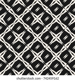 Abstract geometric seamless pattern. Elegant diagonal square grid texture, simple geometrical figures, star shapes, crosses. Black and white repeat background. Decorative design element. Stock vector
