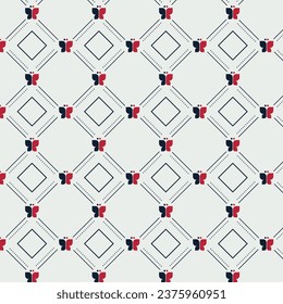 Abstract geometric seamless pattern. Element design with square shapes of line art, dot lines, and butterflies in dark blue and red color on white backgrounds. Vector Illustration.