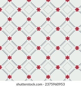 Abstract geometric seamless pattern. Element design with line art, dash line, and red flowers on white backgrounds. Vector Illustration.
