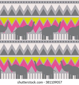 Abstract geometric seamless pattern with elephant, triangle and line tribal pattern. pink yellow gray geometric print, ethnic hipster backdrop. Vector