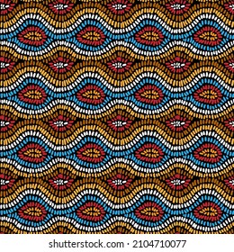 Abstract geometric seamless pattern. Embroidery imitation. Wavy tribal ornament of brown. orange, blue, red and white colors. For textile design