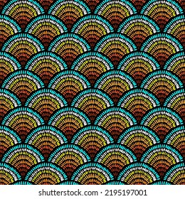 Abstract geometric seamless pattern. Embroidery imitation. Tribal design in black, brown, red, orange, yellow, white and cyan colors. Fan, scale, circle ornament