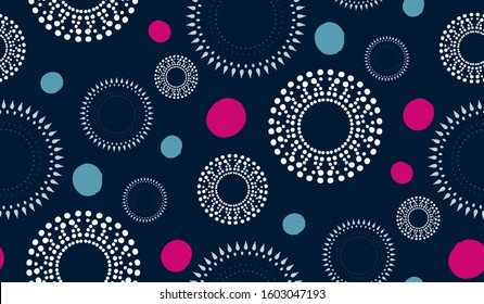 Abstract geometric seamless pattern with ethnic circles and bright painted polka dots. Folk motifs ornament. Perfect design for fabrics, covers, tiles, prints, interior decor.... Vector illustration.