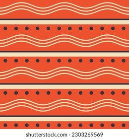 Abstract geometric seamless pattern. Ethnic decorative seamless pattern with dots, stripes, wavy lines. African pattern. Orange, beige, colors. Color vector seamless background.