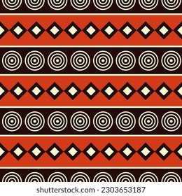 Resumen del patrón geométrico sin costuras. Patrón de interiorismo inquebrantable con puntos, círculos, líneas, rombos. Patrón africano. Naranja, beige y marrón. Vector de color de fondo transparente.