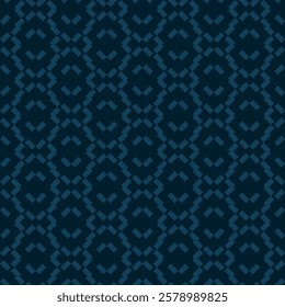 Abstract geometric seamless pattern with ethnic folk motif. Simple deep blue geometrical ornament texture with broken lines, chevron, zigzag. Subtle geo background. Repeated decorative vector design