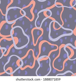 Abstract geometric seamless pattern for fabric and textile. Curved round shapes with spots. Outline drawn rings. Simple modern ornament. Basic shapes, simple rounded, smooth forms. Fashion design.