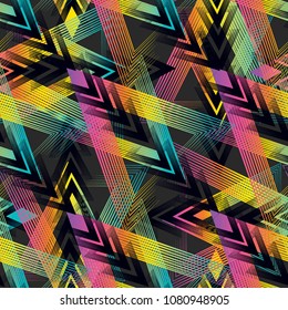 Abstract geometric seamless pattern. Fashion Style Design Print Triangle. With vertical fading lines, tracks, halftone stripes. Extreme sport style illustration. Trendy Urban colorful backdrop. 