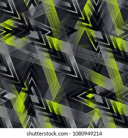 Abstract geometric seamless pattern. Fashion Style Design Print Triangle. With vertical fading lines, tracks, halftone stripes. Extreme sport style illustration. Trendy Urban colorful backdrop. 