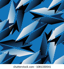 Abstraktes geometrisches nahtloses Muster. Fashion Style Design Druckdreieck. Mit senkrechten Überblendlinien, Gleisen, Halbtonstreifen. Extreme Sport-Stil-Illustration. Trendy Urban bunter Hintergrund. 
