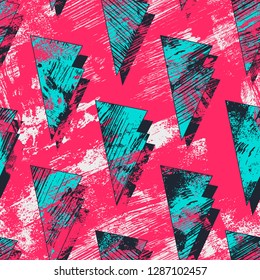 Abstract geometric seamless pattern. Fashion Style Design Print Triangle. With vertical fading lines, tracks, halftone stripes. Extreme sport style illustration. Trendy Urban colorful backdrop.