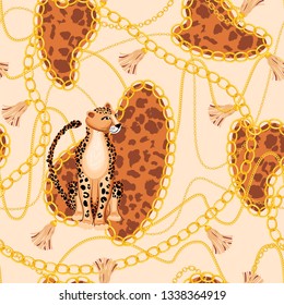 Abstract geometric seamless pattern. Fashion fabric pattern with leopard, braid and golden chains. Luxury print for textile design. Vector illustration.