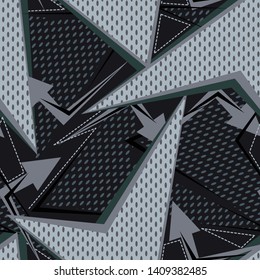 Abstract geometric seamless pattern. Fashion Style Design Print Triangle. With vertical fading lines, tracks, halftone stripes. Extreme sport style illustration. Trendy Urban colorful backdrop.