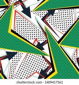 Abstract geometric seamless pattern. Fashion Style Design Print Triangle. With vertical fading lines, tracks, halftone stripes. Extreme sport style illustration. Trendy Urban colorful backdrop.