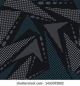 Abstract geometric seamless pattern. Fashion Style Design Print Triangle. With vertical fading lines, tracks, halftone stripes. Extreme sport style illustration. Trendy Urban colorful backdrop.