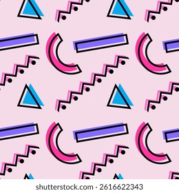 Abstract geometric seamless pattern featuring vibrant pink and blue shapes, zigzag lines, triangles, and rectangles on a pastel pink background. Perfect for wallpaper, wrapping paper and gift box.