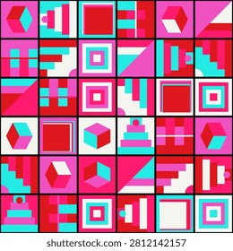An abstract geometric seamless pattern featuring colorful blocks, isometric 3D cubes, triangles, and multi-layered steps in bold pink, red, cyan, and white.
