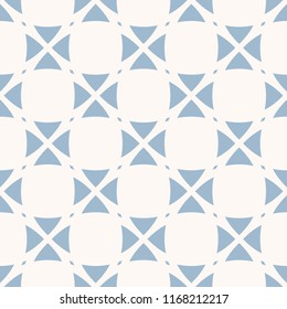 Abstract geometric seamless pattern with floral shapes, crosses, triangles, repeat tiles. Soft blue and white vector ornament. Elegant background. Repeatable design for decor, textile, fabric, ceramic