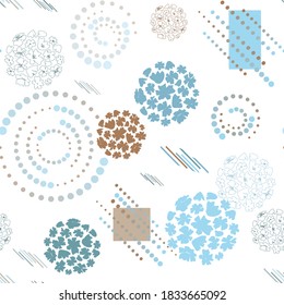 Abstract geometric seamless pattern with floral circle, stripes, spirals of dots, rectangles in turquoise, brown, blue colors on white background. Design for cover, wallpaper, fabric printing.