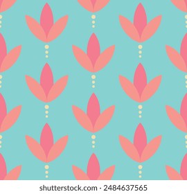 Abstract geometric seamless pattern with floral theme. Vector bacground in pink and blue colors	