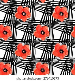 Abstract Geometric seamless pattern with flowers, drawing watercolor. Vector.