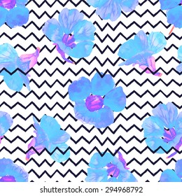 Abstract Geometric seamless pattern with flowers and strips, drawing watercolor. Vector.