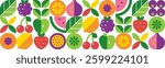 Abstract geometric seamless pattern with fruits, leaves and berries. Set of simple modern icons in flat bauhaus style. Organic food. Isolated elements. Vector illustration.
