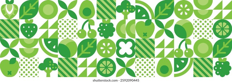 Abstract geometric seamless pattern with fruits, leaves, berries and vegetables. Set of simple modern icons in flat bauhaus style. Organic food. Isolated elements. Vector illustration in green colors.