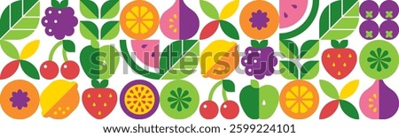 Abstract geometric seamless pattern with fruits, leaves and berries. Set of simple modern icons in flat bauhaus style. Organic food. Isolated elements. Vector illustration.
