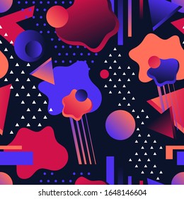 Abstract geometric seamless pattern. Futuristic dark background with triangles and circles in trendy 2020 vibrant violet, orange, blue and red colors. Bright bold color gradients. Vector illustration.