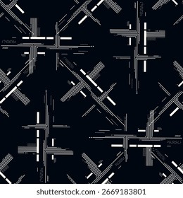 Abstractas patrón geométrico sin fisuras con líneas futuristas y cruces sobre fondo oscuro. Diseño de estilo techno minimalista, textura digital moderna para tela, Fondo de pantalla y fondos.
