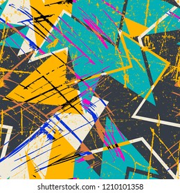 Abstract geometric seamless pattern for girls and boys. Creative modern wallpaper with line, shape, ink, grunge urban elements.