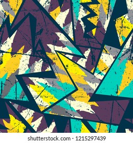 Abstract geometric seamless pattern for girls and boys. Creative modern wallpaper with line, shape, ink, grunge urban elements.