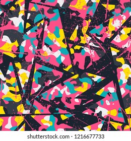 Abstract geometric seamless pattern for girls and boys. Creative modern wallpaper with line, shape, ink, grunge urban elements.