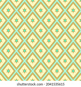 Abstraktes geometrisches nahtloses Muster von Golddiamanten und minzgrünen Sternen. Ar deco-farbiges Design für Textilien oder Papier