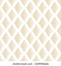 Resumen del patrón geométrico sin costuras. Ornamento de diamante dorado relleno con líneas horizontales degradadas sobre fondo blanco. Para el diseño textil y de papel