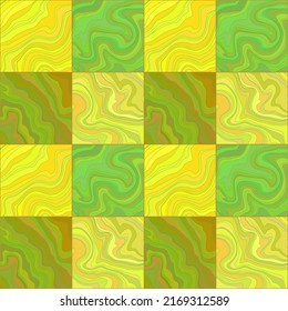 Abstract geometric seamless pattern. Gold, yellow and green square shapes filled with liquid, fluid texture