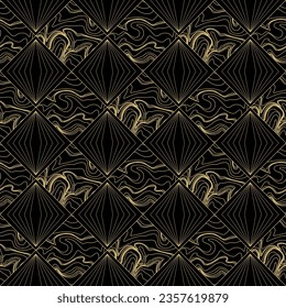 Abstraktes geometrisches nahtloses Muster. Golden und schwarz, diamantener Hintergrund. Vintage-Schachbrettschmuck aus gewölbten und geraden Linien